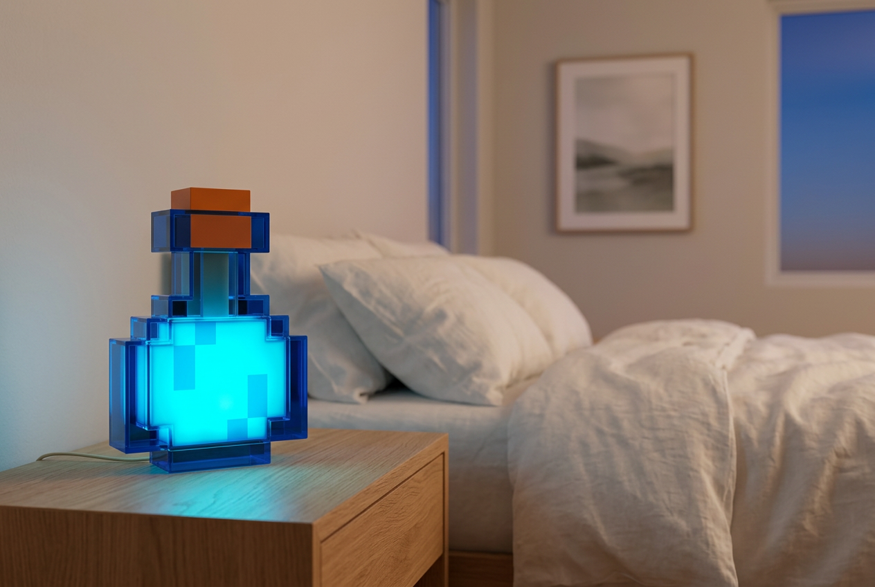 Glowing blue pixel potion lamp on a bedside table